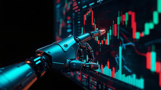 Metallic fingers select and point at market candlestick patterns