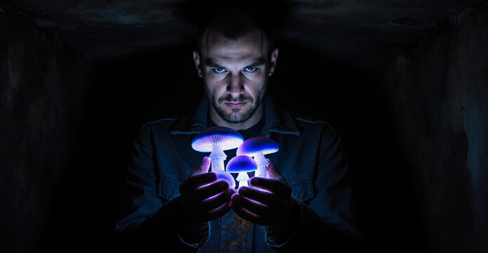 An intense Caucasian man holds three brightly glowing blue and purple mushrooms that illuminate his hands and face in a dark, mysterious setting. - Powered by Adobe
