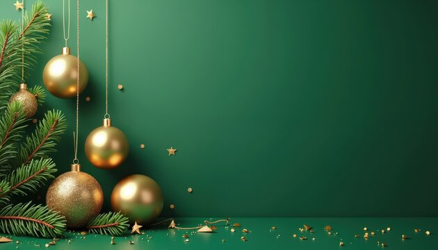Festive xmas theme. Gold ornaments decorate pine tree branch on green. Christmas balls glitter. New Year greeting layout perfect for holiday banner invitation card design. Shiny baubles with copy