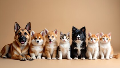 Group of cats and dogs posing together in a studio. Variety of puppies and kittens sit attentively on a beige gradient background. Domestic animals await adoption in a professional photo session.
