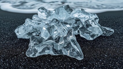 Ice on a black sand beach, melting at the shoreline. Cold and natural environment. Ice and water. The concept of melting ice and natural coastal scenery