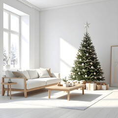 A cozy living room decorated for Christmas. A tall Christmas tree with ornaments stands next to a white sofa and wooden coffee table. Gifts are neatly arranged under the tree.