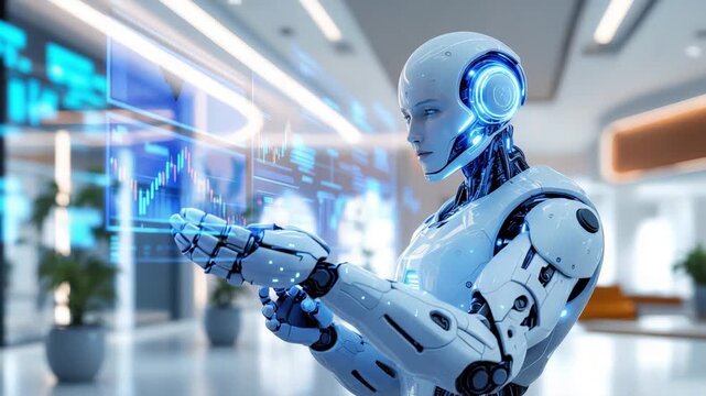 humanoid ai advisor interacting with holographic market interface
