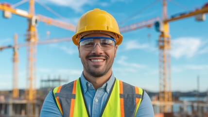 Confident Construction Worker in Safety Gear. worker standing on a building site. They are wearing a yellow hard hat, safety glasses, and a high-visibility vest. Represents safety, labor, industry