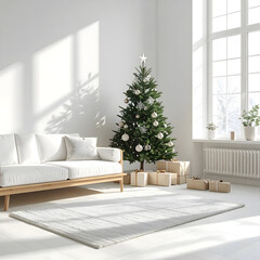 A cozy living room decorated for Christmas. A green Christmas tree with white ornaments stands next to a white sofa. Wrapped gifts are placed under the tree.