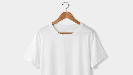 Plain white T-shirt hanging on a wooden hanger. Basic clothing item, minimalistic design. Casual wear and everyday fashion. The concept of simplicity in clothing.