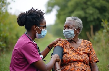 African young nurse measures pressure of senior patient outside. Black woman doctor checks old woman. Medical checkup, disease prevention, healthcare, telemedicine concepts. Doctor cares for elderly
