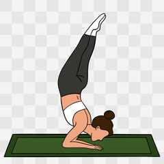 Sirsasana pose. Hand-drawn illustration of a woman practicing yoga on a mat. Relaxing and mindful pose symbolizing balance, harmony, and self-care