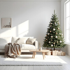 A cozy living room decorated for Christmas. A Scandinavian-style Christmas tree stands beside a sofa with pillows and a blanket. Wrapped gifts are placed under the tree.
