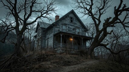 A haunted house surrounded by leafless trees in a dark, eerie landscape.