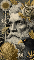 ancient gods and hybrid creatures with botanical ornaments, background 