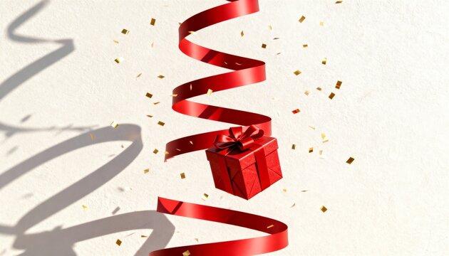 A festive red gift box with a spiraling ribbon and falling gold confetti on a white background. Holiday celebration and birthday surprise concept with copy space