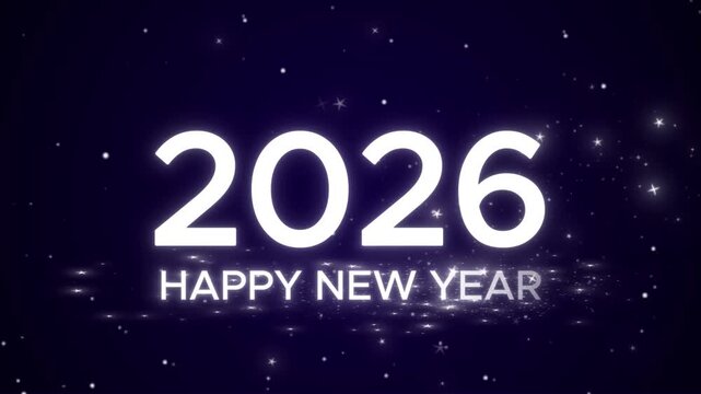 Happy New Year 2026 Greeting with White Glowing Animated Text and Magical Sparkles on a Dark Blue Night Sky Background.