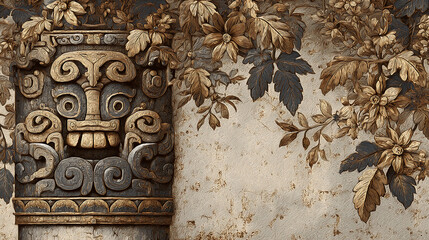 ancient temple fragments with mythological symbols and vines, background 