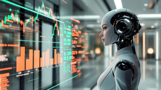 female android data scientist inspecting financial visualization