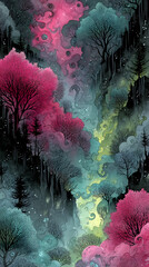 mystical forest spirits with abstract shapes, background 