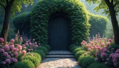 Obraz premium Dark arched doorway in overgrown garden with pink flowers. Stone path leads to a hidden entrance surrounded by lush green ivy. Peaceful and magical nature scene.