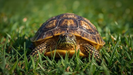 Obraz premium Turtle in green grass. Wildlife and nature scene. Reptile and animal. The concept of wildlife conservation and natural habitat.