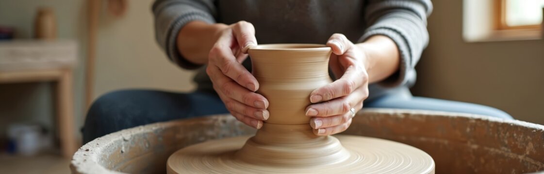 Woman shapes clay on pottery wheel in art studio. Hands form ceramic vase during workshop. Craftsperson creates handmade art object. Handmade ceramics process. Creative hobby or therapy. - Powered by Adobe