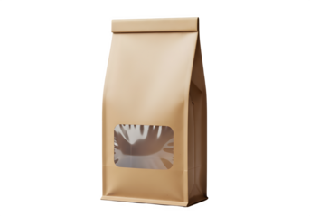 "Brown Kraft Paper Pouch with Clear Window for Food Packaging – Isolated on Transparent Background PNG"
