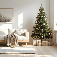 A cozy living room decorated for Christmas. A green Christmas tree adorned with ornaments stands next to a sofa. Wrapped gifts are placed under the tree.