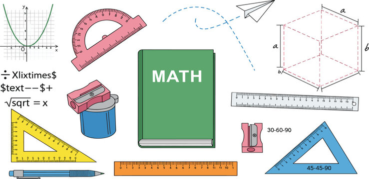 An illustrated collection of essential mathematics tools and concepts, including geometry instruments, books, equations, and school supplies, representing education and learning