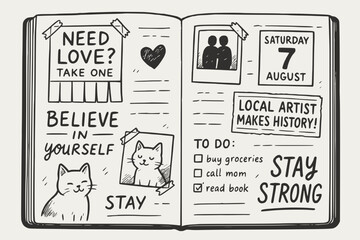 Black and White Journal Doodle with Motivational Notes and Cat Sketches