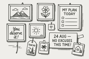 Black and White Wall Art with Framed Quotes, Travel Tags, and Sketches