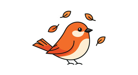 Cartoon bird with orange feathers and falling leaves against white backdrop