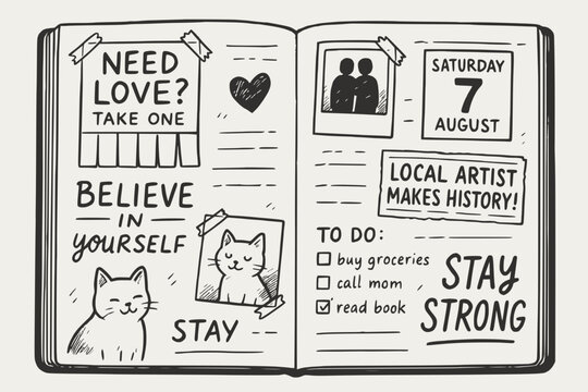 Black and White Journal Doodle with Motivational Notes and Cat Sketches