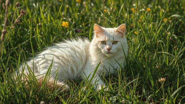 A white cat resting in tall green grass with yellow flowers, relaxing outdoors on a sunny day.