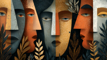 faces blended with abstract shapes and wild plants, background 