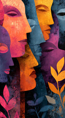 abstract faces combined with florals, modern illustration style, background 