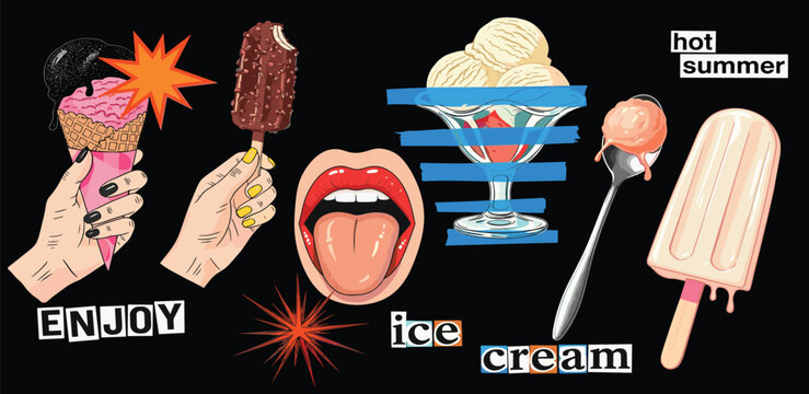 Vibrant pop art collage of diverse ice cream treats, playful hands, and an expressive mouth, capturing the sweet, refreshing joy and indulgence of summer