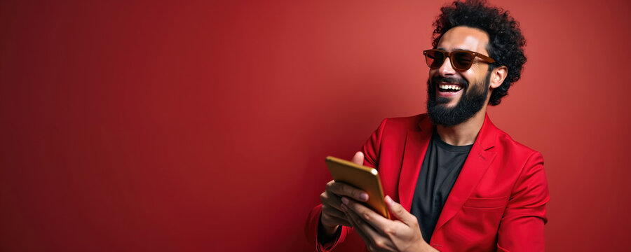 Stylish man in red jacket smiles using smartphone. Trendy guy wearing sunglasses looks happy during communication. Attractive person enjoys mobile tech device. Modern digital lifestyle photo against