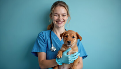 Happy young vet doctor holds puppy in clinic. Female vet wearing blue scrubs gloves and stethoscope examine little dog. Medicine worker smiling caring canine pet client at hospital.