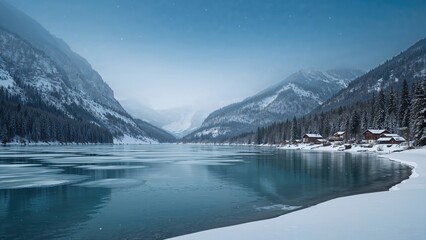 Snow-covered mountains and forest surrounding a frozen lake during winter.