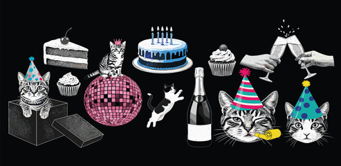 Festive Feline Celebration Party Cats with Cake, Champagne, and Disco Ball
