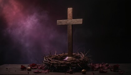 Wooden cross with crown of thorns on wooden surface. Religious easter symbol in dark purple smoke background. Concept of faith sacrifice salvation, crucifiction of Jesus Christ on Good Friday holiday.