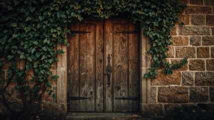 Fototapeta premium A rustic wooden door surrounded by ivy and brick wall.