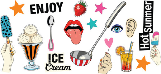 Summer fun collection of illustrations featuring ice cream, cocktails, and fun symbols