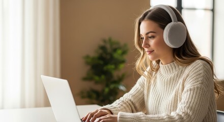Young woman wearing headphones while working on a laptop at home