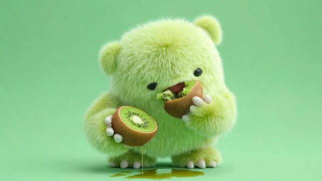 Cute furry green monster eating a kiwi sequence. Funny cartoon character enjoying fruit, messy eating for childrens content.
