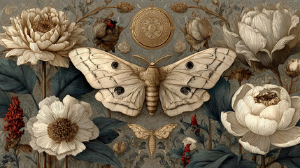 vintage botanical illustrations fused with fantasy symbols, background 