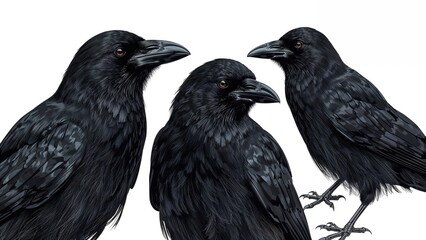 Fototapeta premium Three black crows with detailed feathers and beaks, facing different directions, on a plain white background.