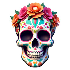 Colorful sugar skull with floral decorations and flower crown in vibrant style in pink, orange, green, and blue colors
