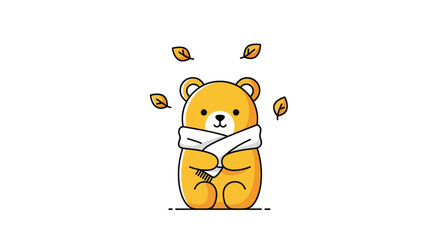 Cartoon bear with scarf and falling leaves isolated on white background