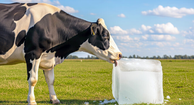 Cow licking ice block on grassy field under blue sky