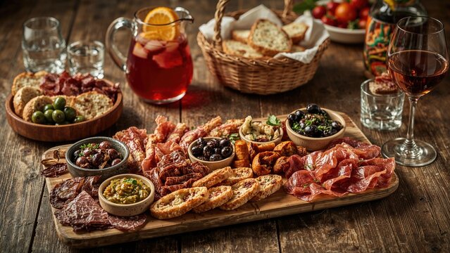 A variety of appetizers, bread, and drinks including wine and a red cocktail on a wooden table with snacks and a wicker basket in the background.