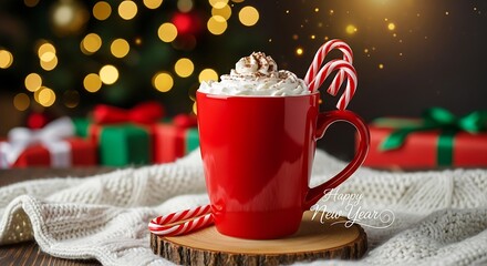 A festive red mug filled with whipped cream and a candy cane sits on a cozy blanket next to a Christmas tree.